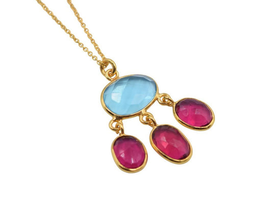 18 k Gold plated drop necklace aqua blue/pink