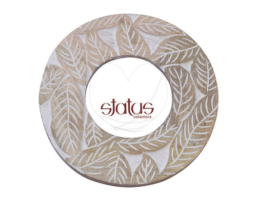 Round Natural Wooden Frame with Hand Carved Leaves