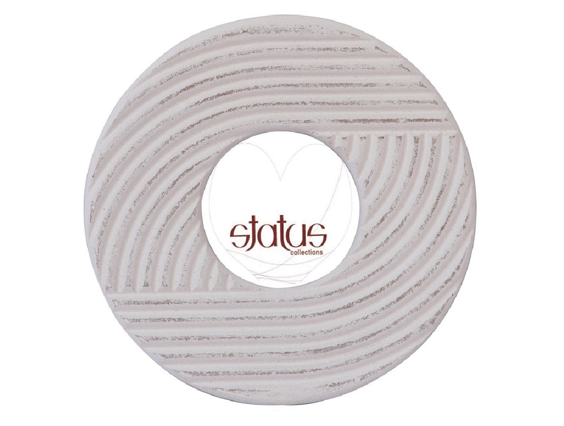 Whitewashed Round Wooden Frame with Hand Carved Line Design