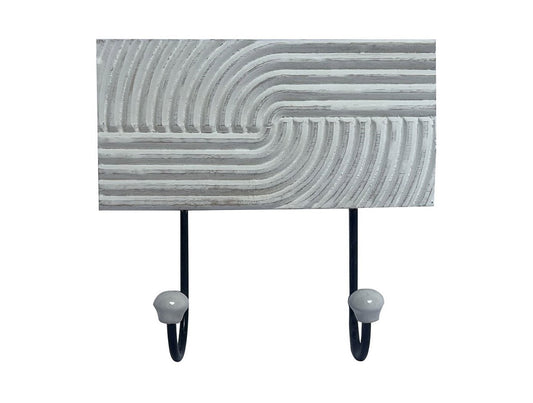 Wooden Double Wall Hook with Hand Carved Lines
