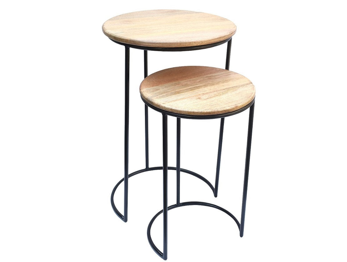 Set of 2 Natural Wood Tables with Iron Legs