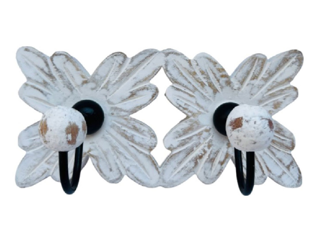 Whitewashed Wooden Double Flower Wall Hook