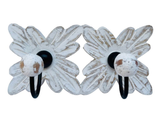 Whitewashed Wooden Double Flower Wall Hook