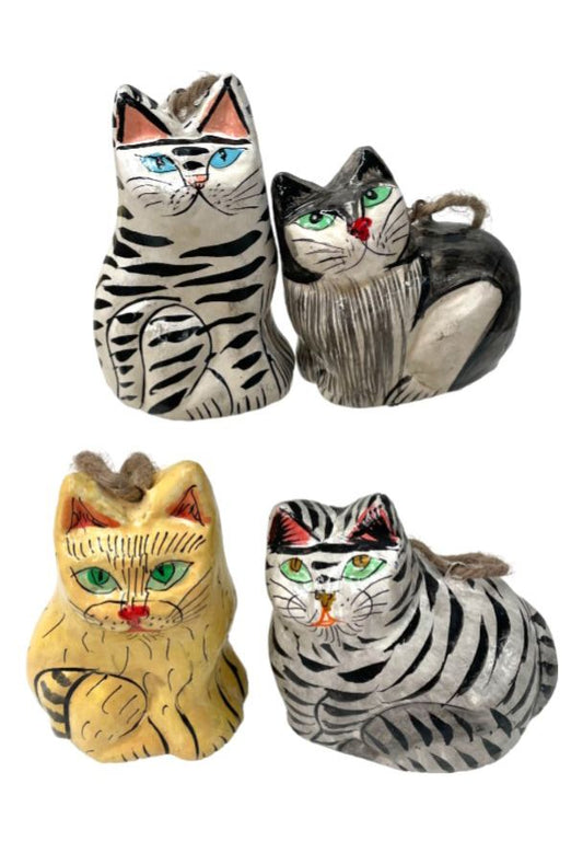 Set of 4 Papier Mache Cats with Hanging