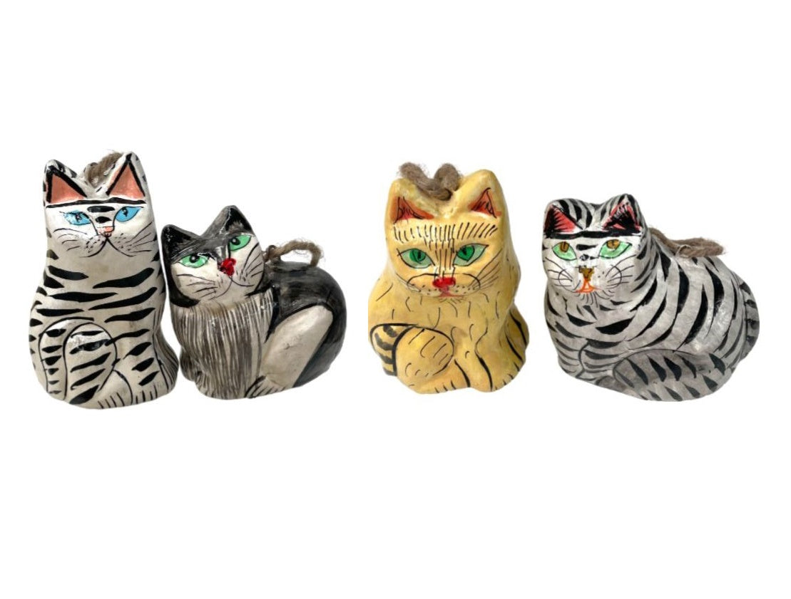 Set of 4 Papier Mache Cats with Hanging