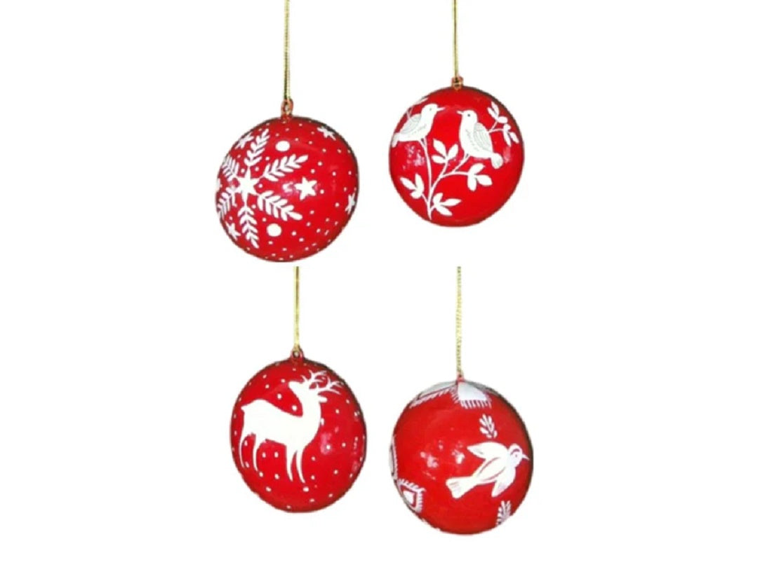 Set of 4 Red Hand-Painted Papier Mache Baubles - SALE!