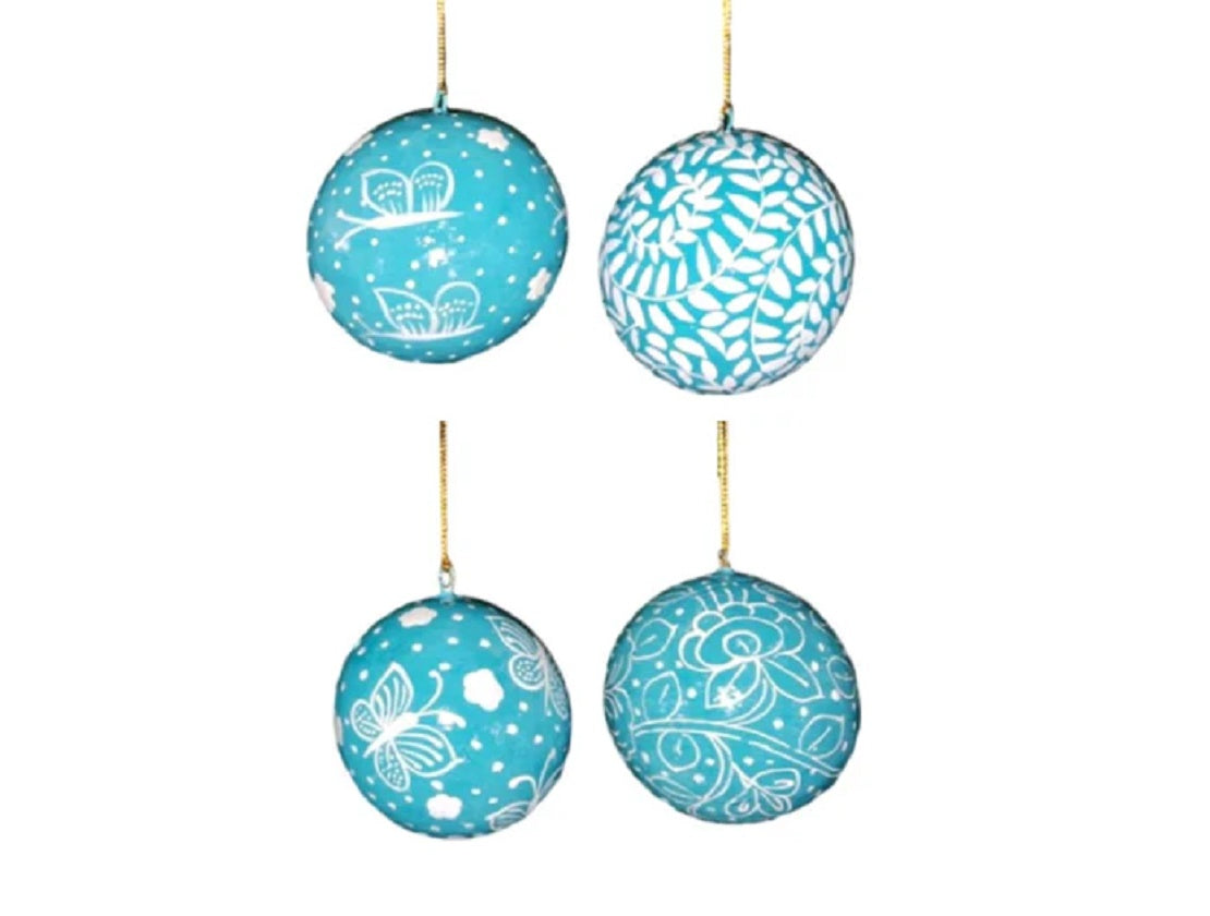 Set of 4 Sky Blue Hand-Painted Papier Mache Baubles - SALE!