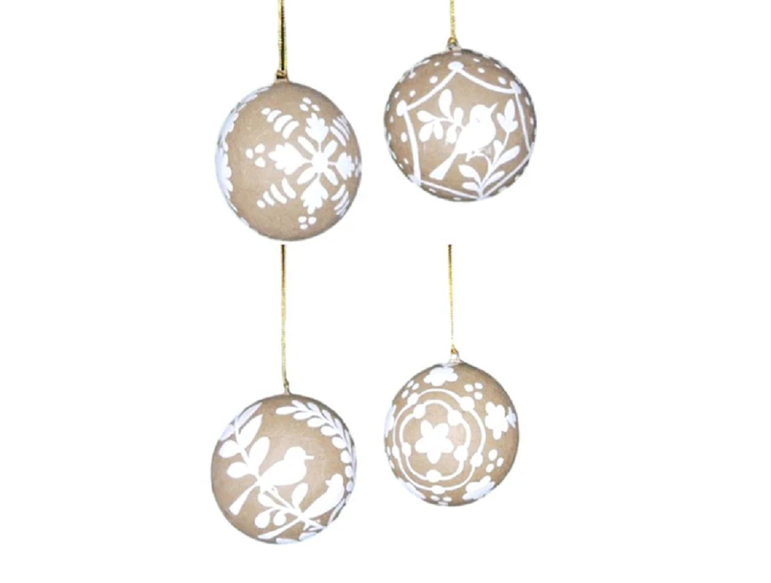 Set of 4 Natural and White Hand Painted Christmas Baubles - SALE!