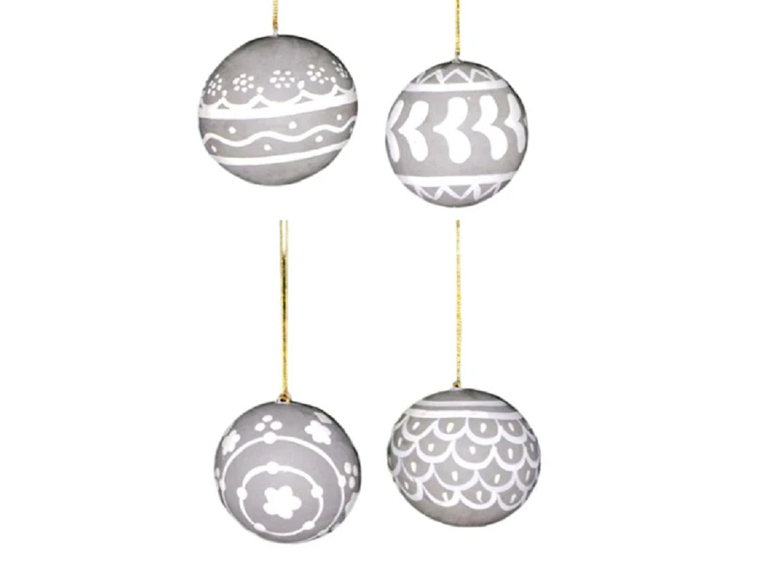 Set of 4 Grey and White Hand Painted Baubles - SALE!