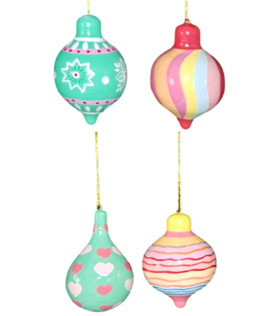 Set of 4 Mint and Pink Hand-Painted Papier Mache Baubles - SALE!