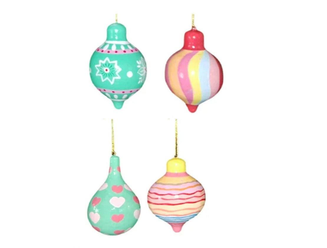 Set of 4 Mint and Pink Hand-Painted Papier Mache Baubles - SALE!