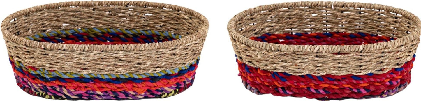 Eclectic Recycled Sari & Jute Oval Woven Baskets – Set of 2