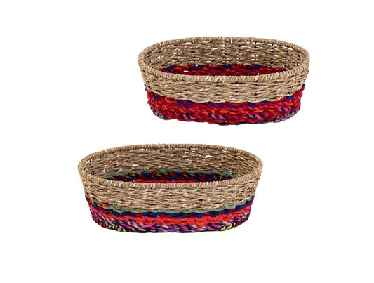 Eclectic Recycled Sari & Jute Oval Woven Baskets – Set of 2
