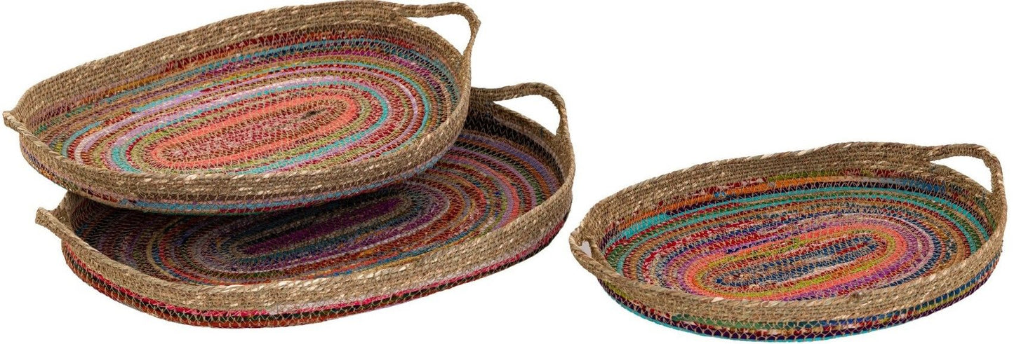 Eclectic Recycled Sari & Jute Oval Trays – Set of 3