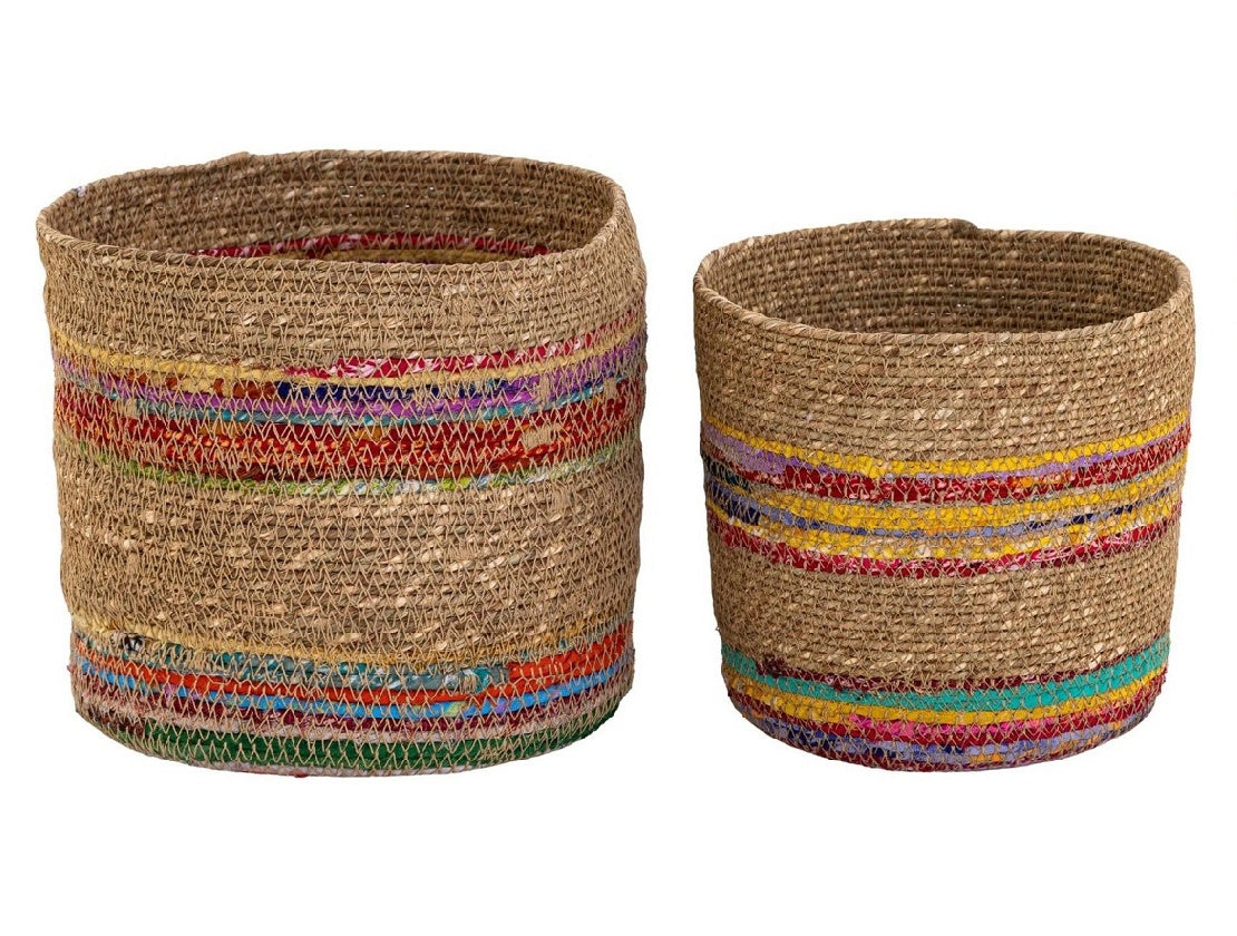 Eclectic Recycled Sari & Jute Woven Baskets – Set of 2
