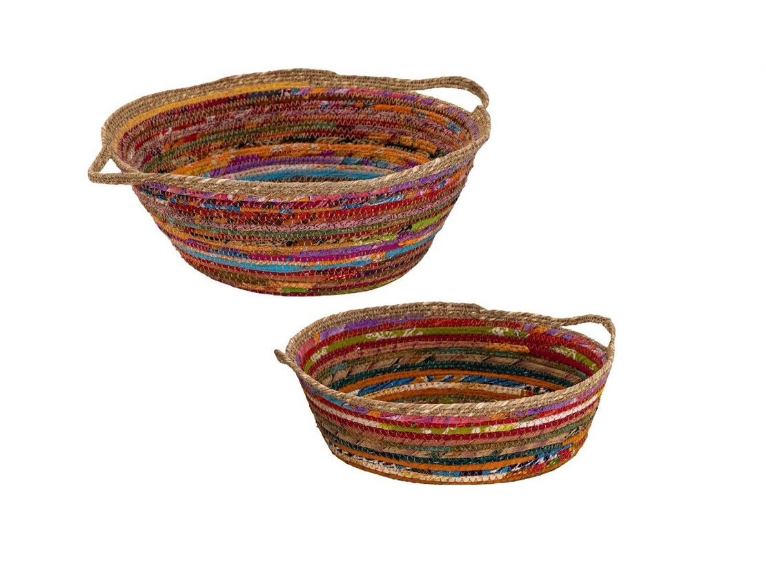 Eclectic Recycled Sari & Jute Woven Shallow Baskets – Set of 2