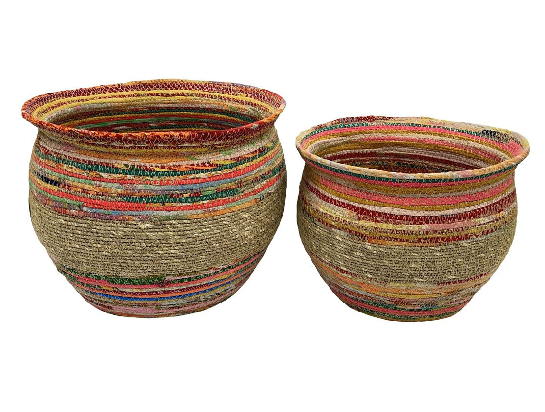 Eclectic Recycled Sari & Jute Flared Baskets – Set of 2