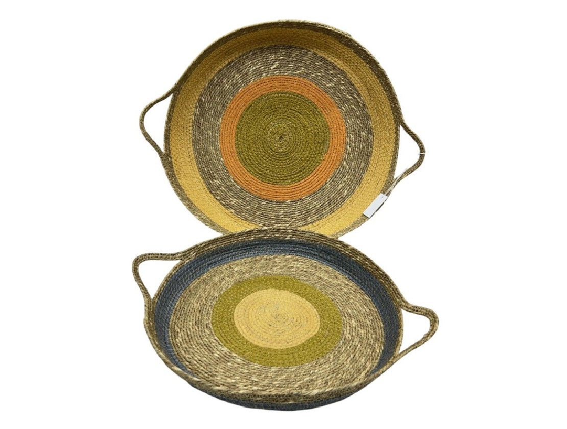Boho Earth-Toned Round Woven Jute Trays – Set of 2