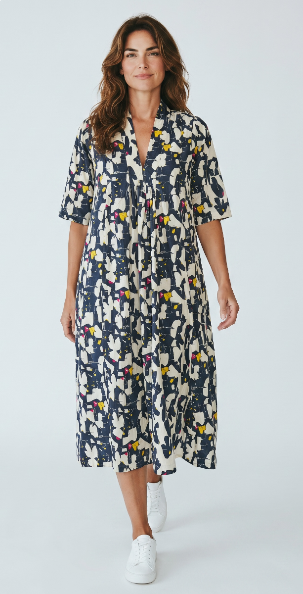 The Marsha Sleeved Dress in Abstract Botanicals - S/M