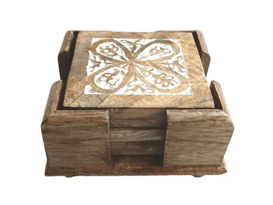 Set of 4 Square Whitewash Butterfly Coasters with Holder