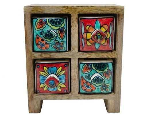 Turquoise and Red Wooden Four Ceramic Drawer Mini Chest