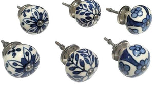 Set of 6 blue and white round knobs