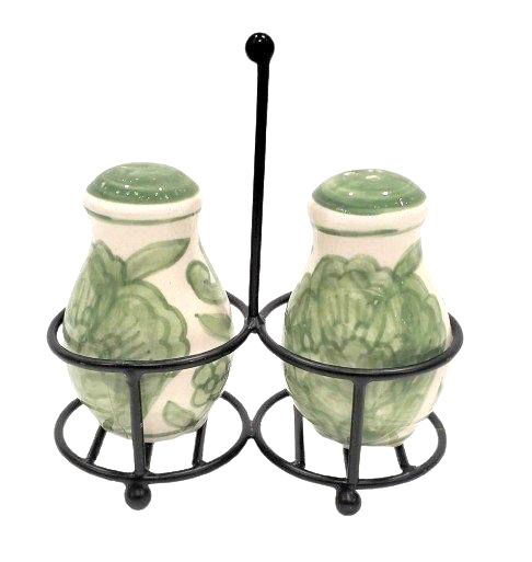 Green Floral Salt and Pepper Set on Stand