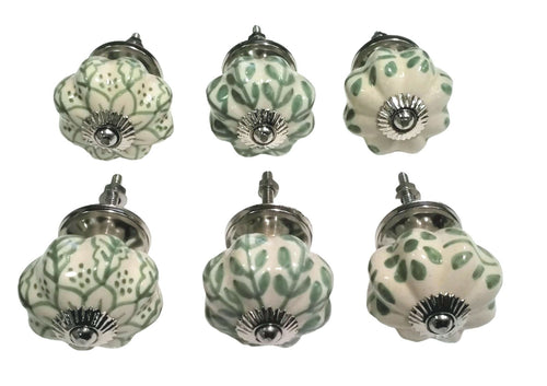 Set of 6 green and white fluted knobs