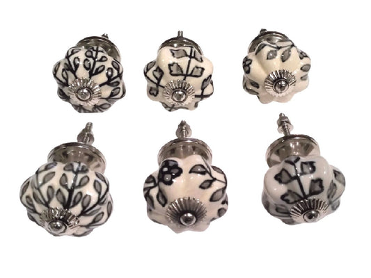 Set of 6 grey and white fluted knobs