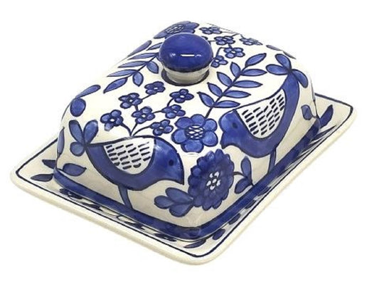 Hand-Painted Blue Bird Butter Dish