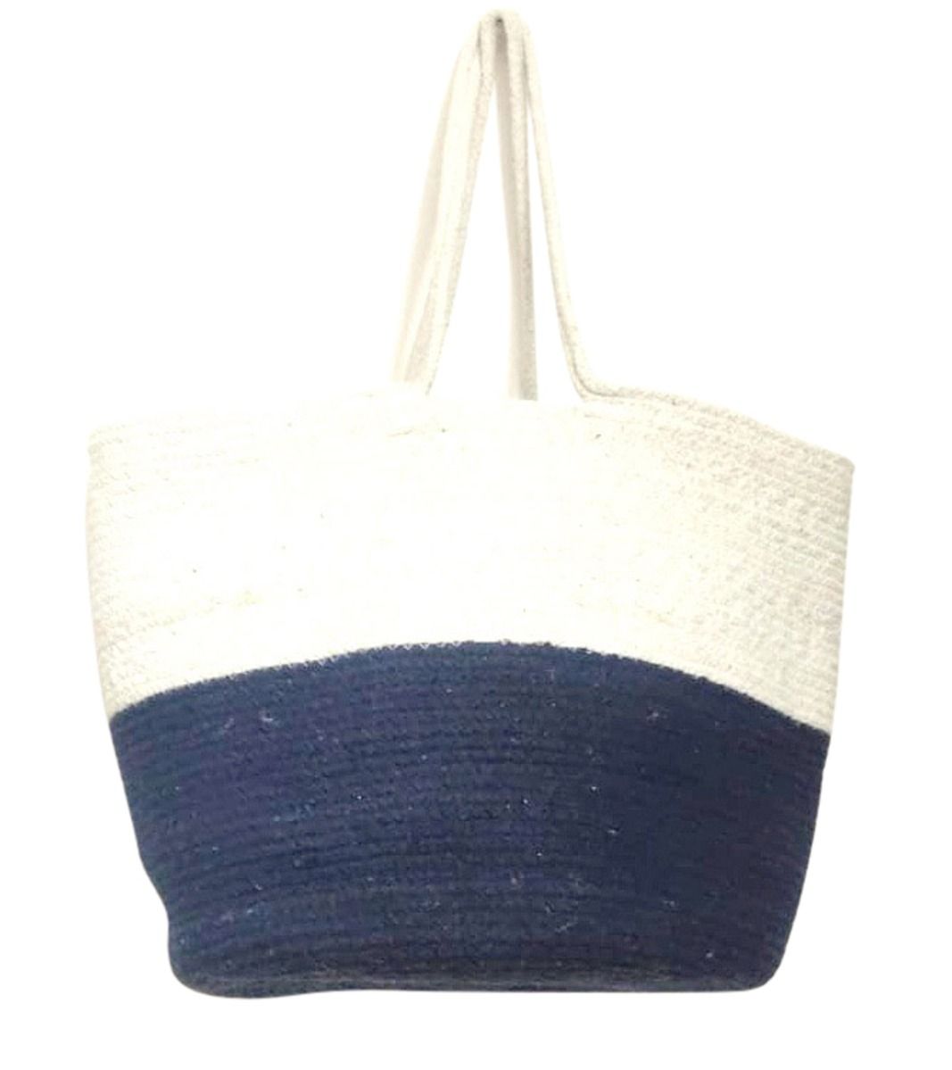 Navy and White Hand-woven Jute Carry Bag