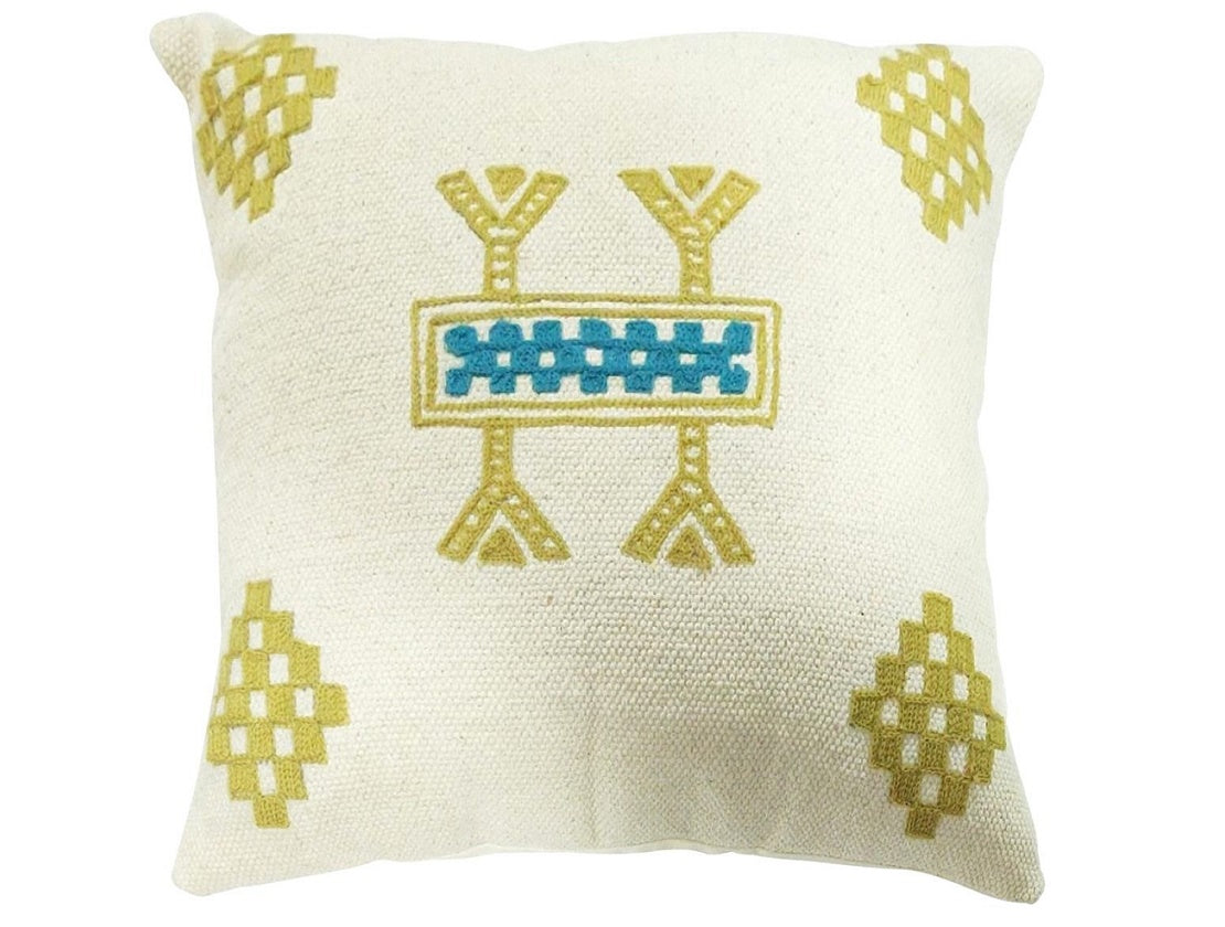 Cream kilim cushion mustard/blue Embroidery