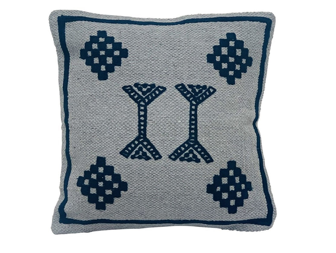 Kilim cushion with dark blue embroidery