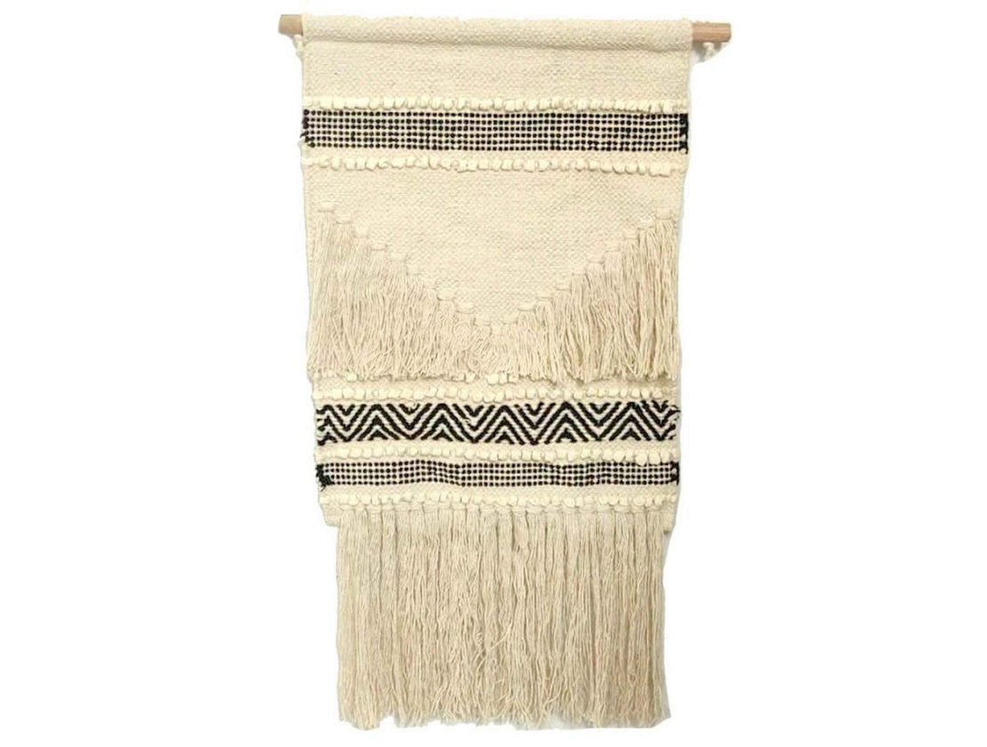 Grey woven wall hanging with tassels 35 cm wide x 70 cm