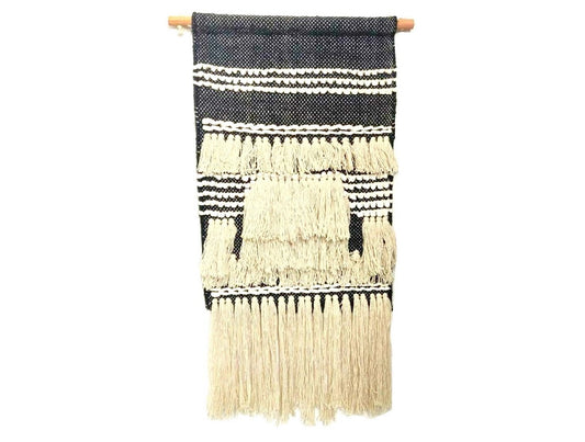 Black woven wall hangings with cream tassels 35 cm wide x 70 cm