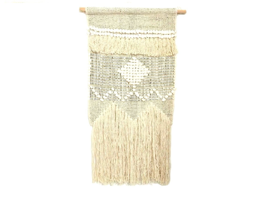 Cream woven wall hangings with cream tassels 35 cm wide x 70 cm