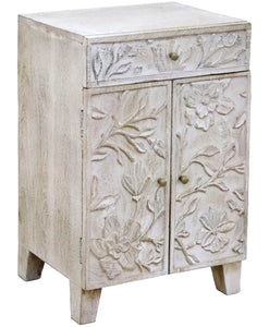 Wood whitewashed cabinet with floral carving 40(w)x60(h)x30(d) cm