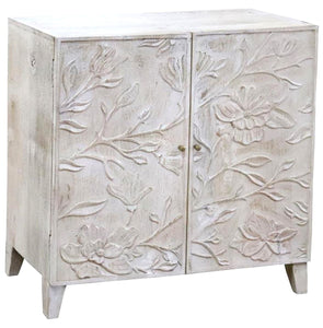 Wood whitewashed cabinet with floral carving 80(w) x 80(h) x 33(d) cm