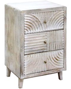 3 drawer whitewashed bedside cabinet with striped carving 46(w) x 61(h) x31(d) cm