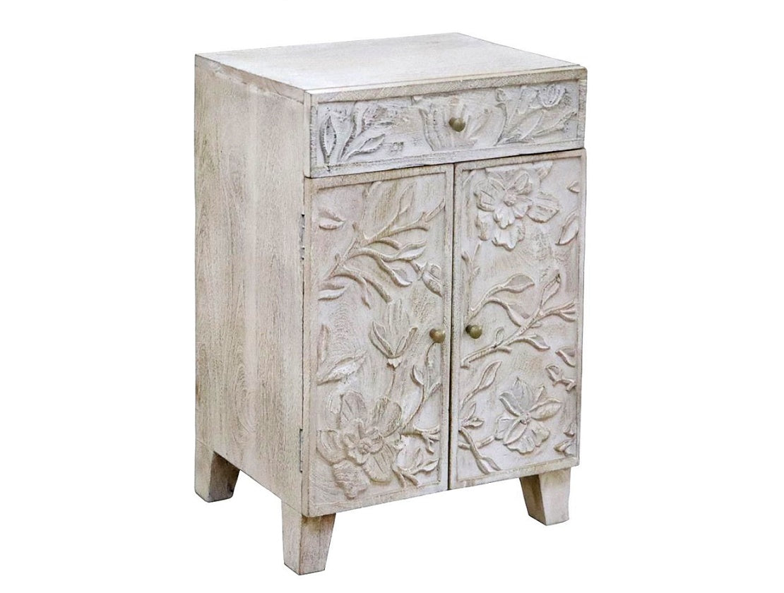 Wood Whitewashed One Drawer Cabinet with Floral Carving