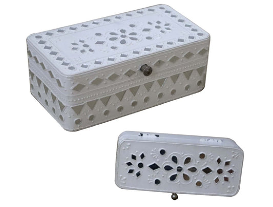 Set of 2 White Wooden Boxes with Mirrored Decals
