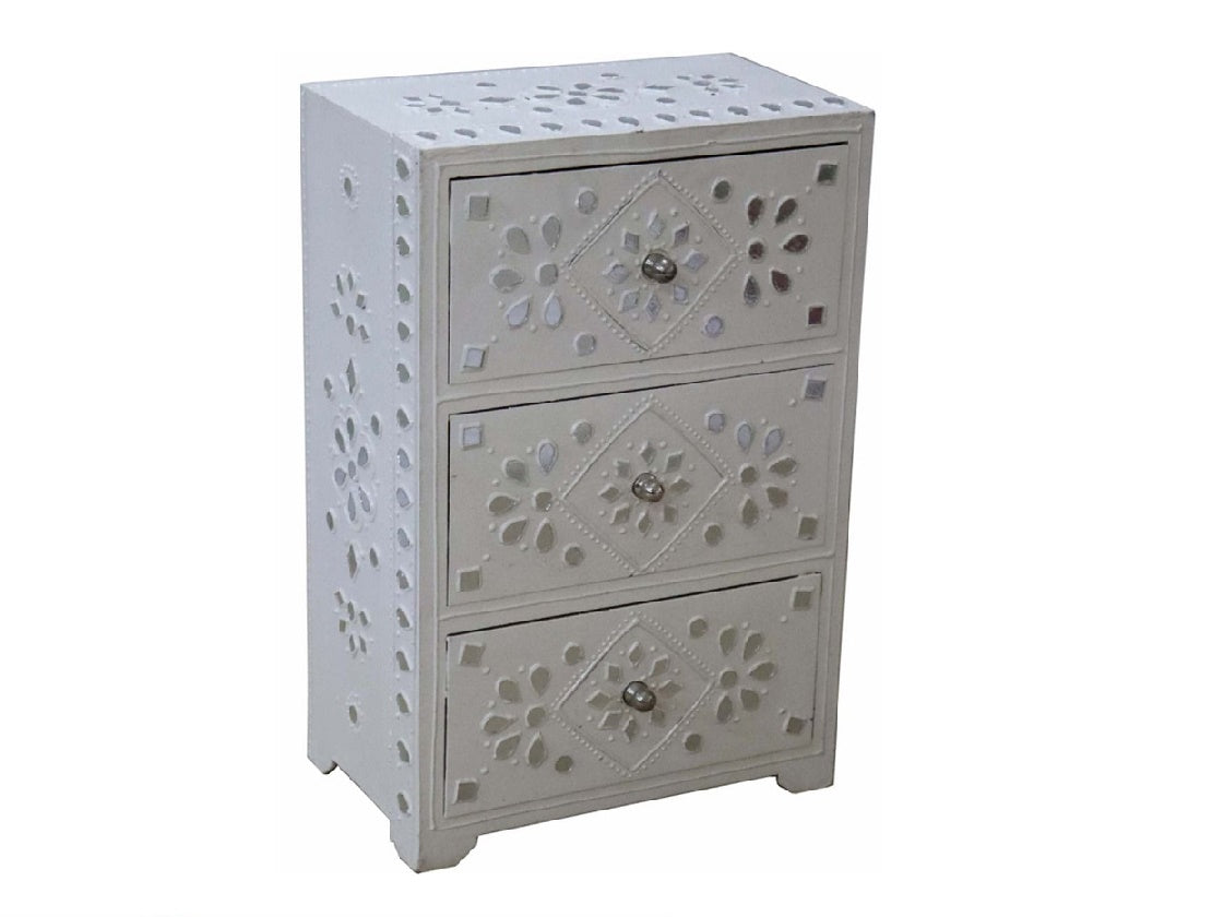 White Wooden 3 Drawer Set with Mirrored Decals