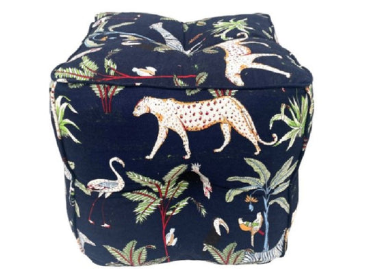 Navy Blue Jungle Print Pouf