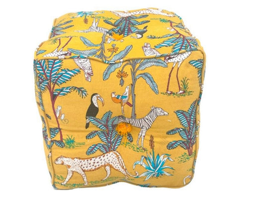 Mustard Yellow Jungle Print Pouf