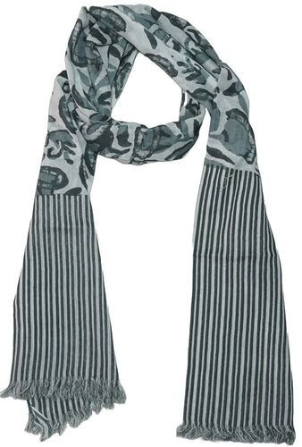 Grey and White Patterned and Stripe Cotton Scarf