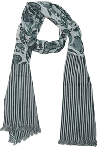 Grey and White Patterned and Stripe Cotton Scarf