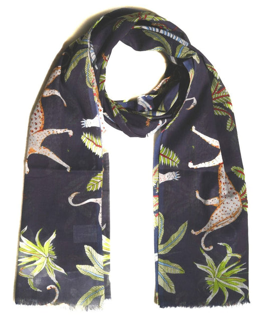 Navy Blue Jungle Design Cotton Scarf