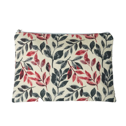 Grey and Coral Leaf Design Cotton Cosmetic Pouch