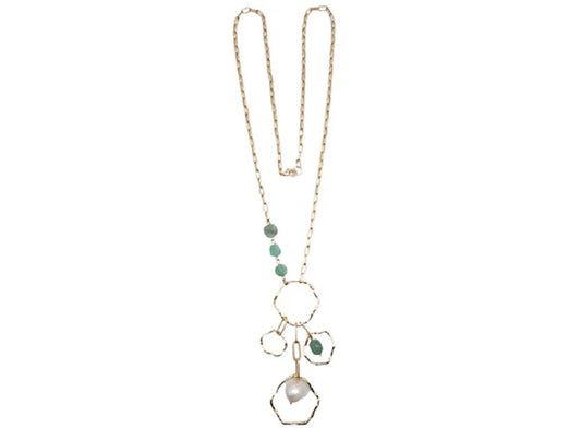 Gold Chain Statement Necklace with Green Stones and a Pearl
