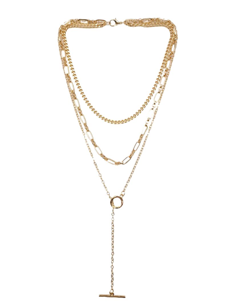 Gold 3 Tier Chain Link Necklace with Drop